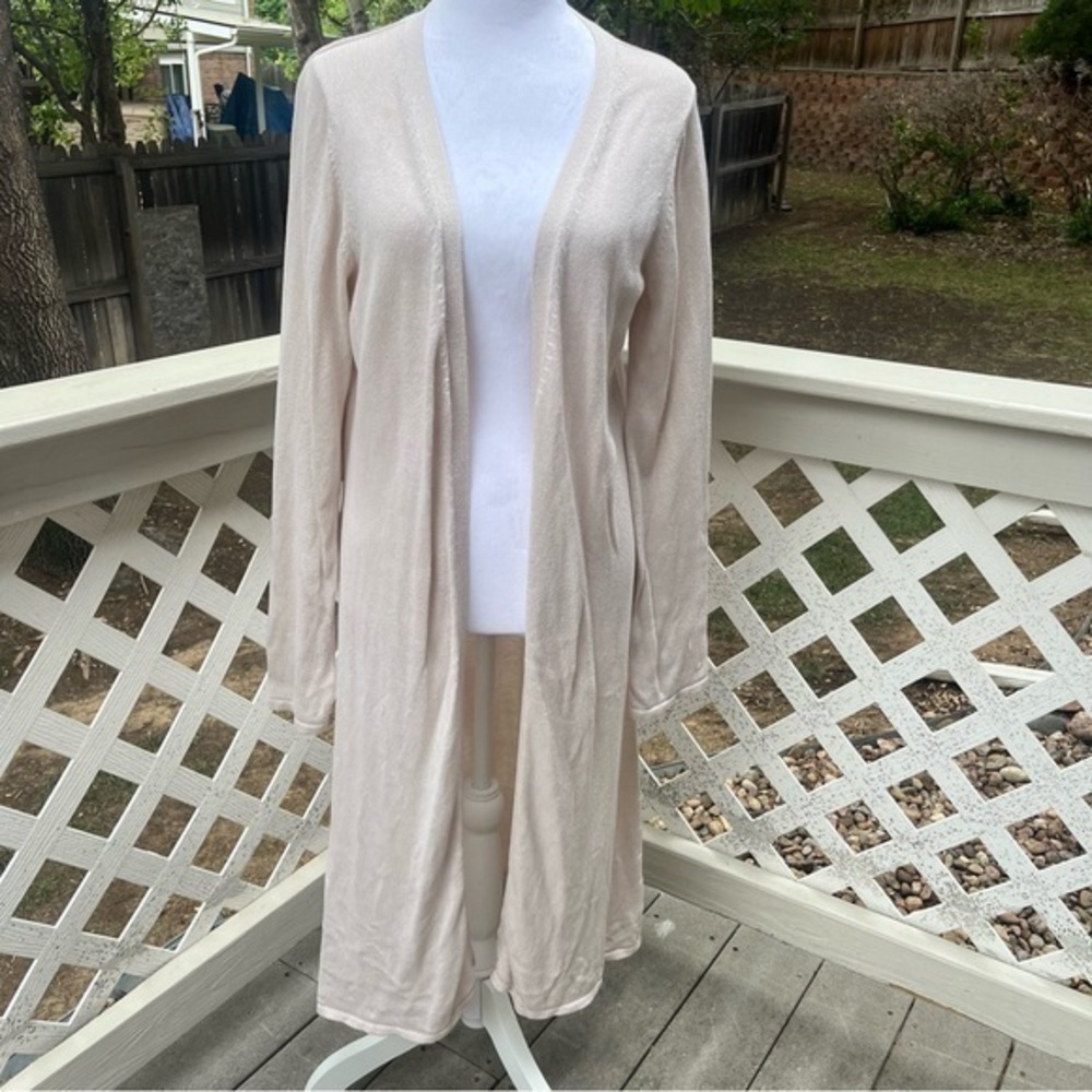 Garnet Hill Open Cardigan‎ 100% Cotton Women Medium Oatmeal Long Length Sweater